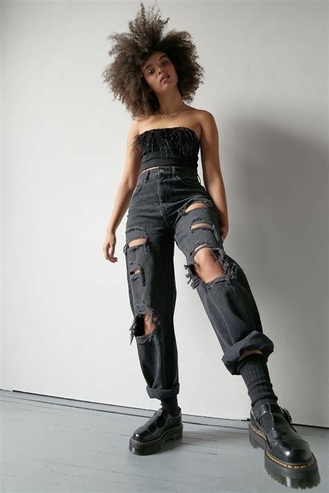 BDG High Waisted Baggy Jean Destroyed Black Denim Tomboy Style