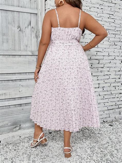 Shein Vcay Robe Fines Brides Imprim Floral Pliss Ceintur Mode