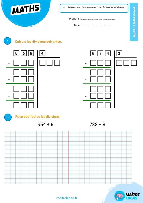 Exercices Poser une division à un chiffre CM1 CM2 Maître Lucas