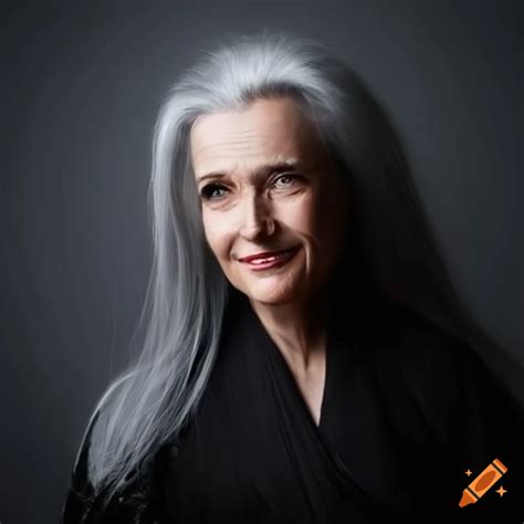 Pretty Year Old Woman With Long Gray Hair In A Black Robe Smiling