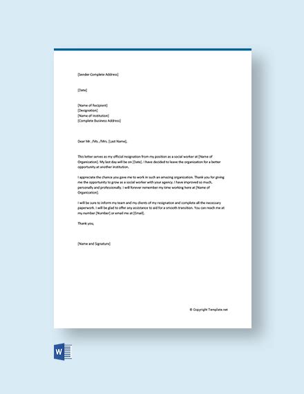 Free Social Worker Resignation Letter Template Word