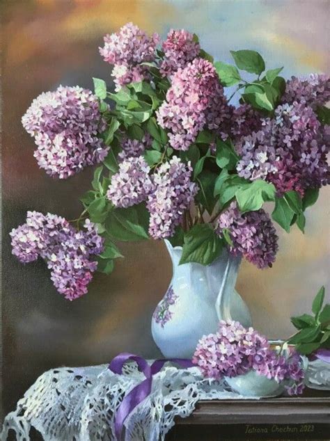 Still Life With Simple Lilac Painting By Tatjana Cechun Artmajeur