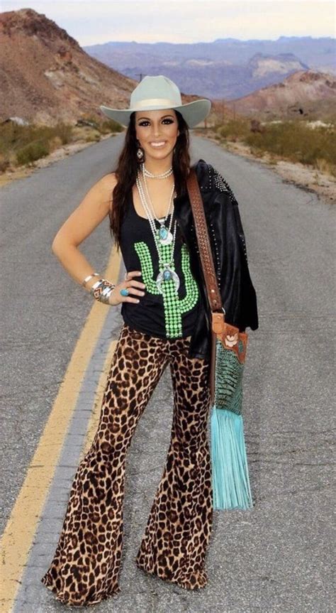 Ole Cattitude Leopard Print Bell Bottoms Lil Bees Bohemian Cowgirl Outfits For Women