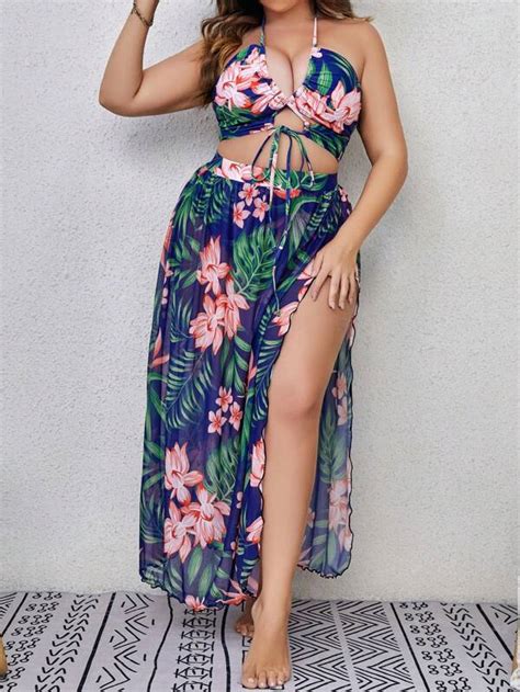 Shein Shein Swim Vcay Plus Tropical Print Halter Bikini Swimsuit With Beach Skirt Shein Usa