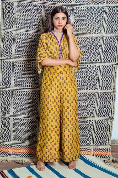 Buy Yellow Dupion Silk And Embroidery Floral V Neck Jumpsuit For Women