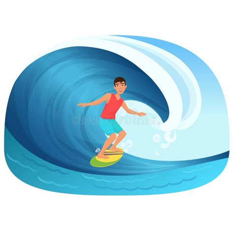 Young Man Riding A Surfboard In The Wave Vector Illustartion Stock