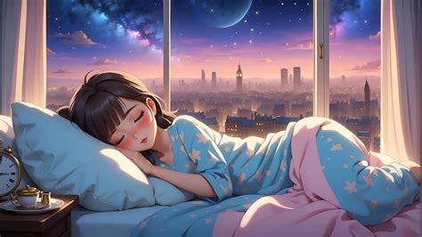 Premium Photo | A anime girl sleeping in a bed with a night sky in the ...