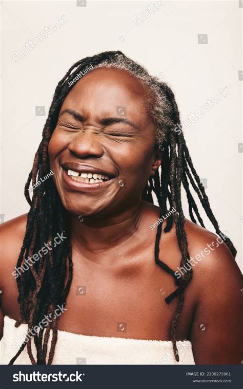 Joyful Mature Woman Laughing Cheerfully While Stock Photo 2200275961