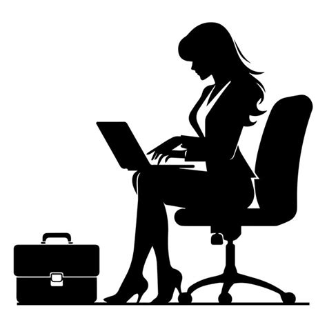 Set Of Silhouette Of Woman Working On Laptop At Desk Vector