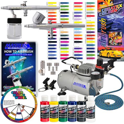 2 Airbrush System Kit 6 Primary Paint Color Wheel Compressor Set | eBay