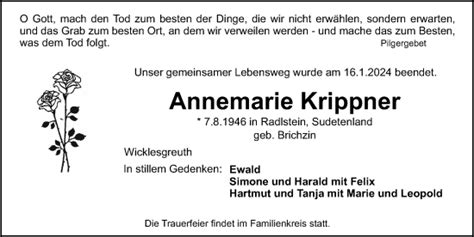 Traueranzeigen Von Annemarie Krippner Trauer Flz De