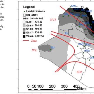 The location of climate zones and rain-gauge stations in Iraq. Red ...