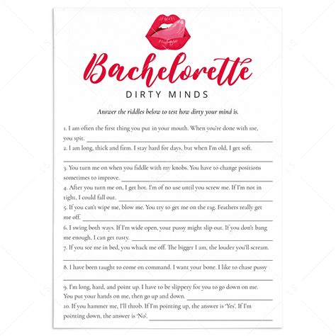 Bachelorette Party Game Dirty Minds With Answer Key Printable