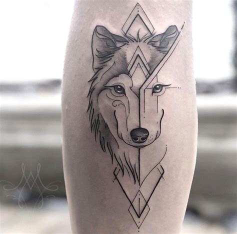 A Black And White Tattoo Of Two Wolfs On The Leg With Geometric Shapes