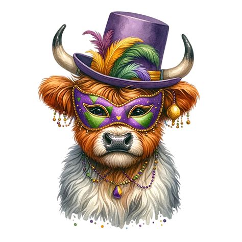 Watercolor Mardi Gras Highland Cow Clipart Mardi Gras Clipart Mardi