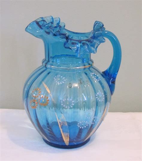 Late Victorian Antique Blue Ruffled Art Glass Pitcher