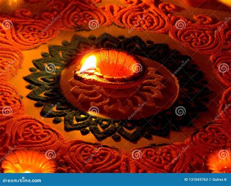 Traditional Diya Lamp Lit On Colorful Rangoli Stock Image Image Of