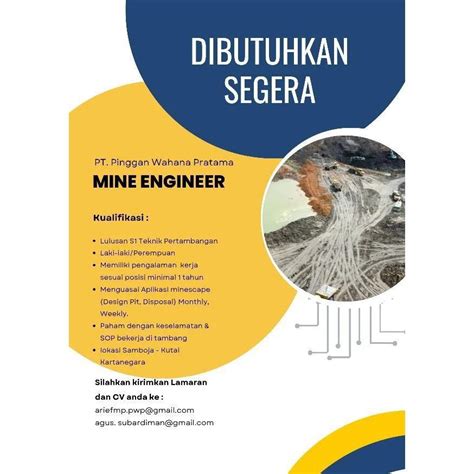 Lowongan Kerja Mine Engineer Di PT Pinggan Wahana Pratama Maret 2023