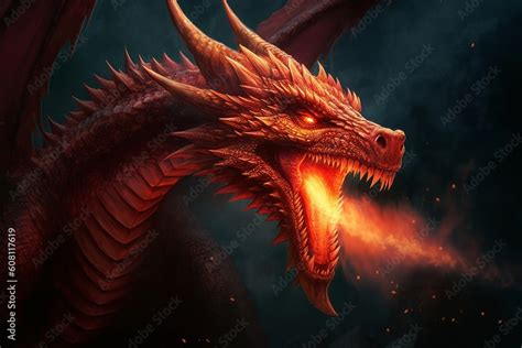 Fiery Red Dragon of Mythology: A Majestic Portrait in Fantasy Art, Generative AI. Stock ...