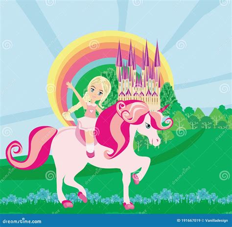 Cute Girl Rides A Unicorn Stock Vector Illustration Of Backdrop 191667019