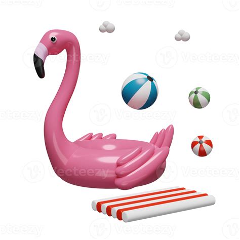 3d Inflatable Flamingo With Beach Ball And Rubber Raft Isolated Concept 3d Render Illustration