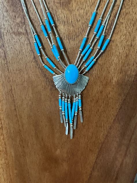 Vtg Native American Necklace Liquid Silver Turquoise Necklace