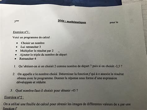 Bonjour Pouvez Vous Maider Pour Lexercice 1 Et 3 De Mon DM De Maths S