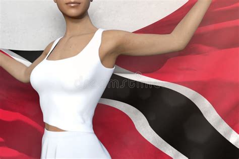 Pretty Lady Holds Trinidad And Tobago Flag In Hands Behind Her Back On