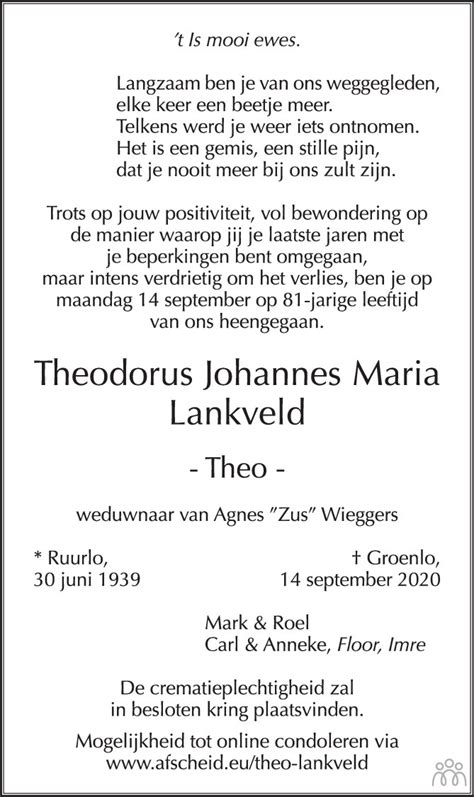 Theodorus Johannes Maria Theo Lankveld 14 09 2020 Overlijdensbericht