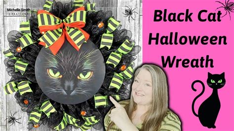 Black Cat Halloween Wreath Tutorial ~ How To Make A Deco Mesh Halloween Wreath No Fray 10 Inch