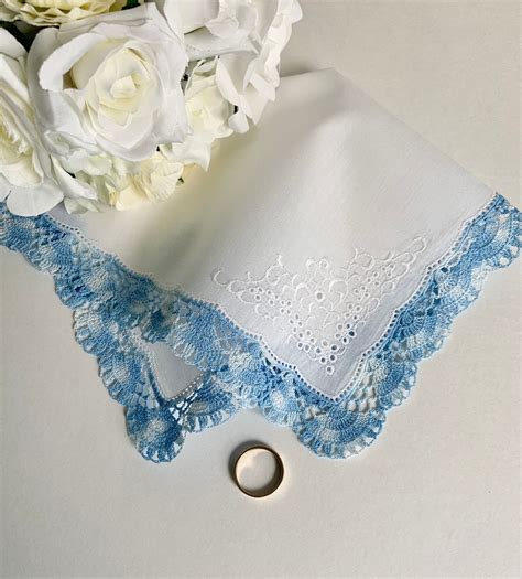 Lace Weddding Handkerchief Antique Hand Made Blue Lace On White Linen