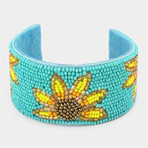 Seed Bead Sunflower Cuff Bracelet Etsy