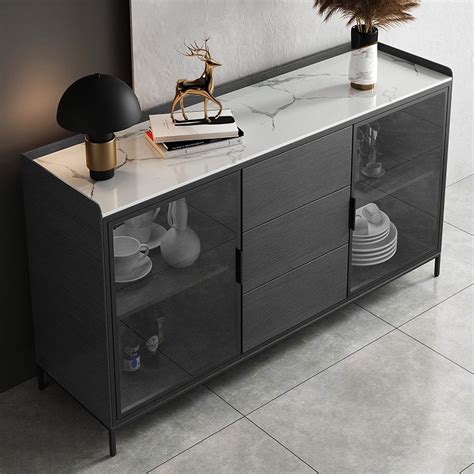 Black Sideboard Buffet Doors Drawers Sintered Stone Top Modern