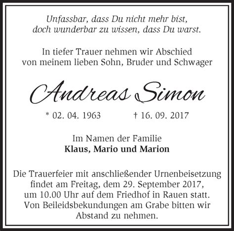 Traueranzeigen Von Andreas Simon M Rkische Onlinezeitung Trauerportal