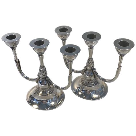 Georg Jensen Sterling Silver Pair Of Three Light Candelabra No 161 For