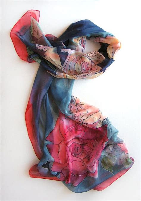 Red Silk Chiffon Scarf Roses Garden Luxury Silk Scarf Etsy Silk