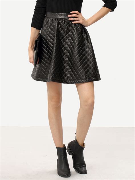 Black Pu Leather Flare Skirt Shein Sheinside