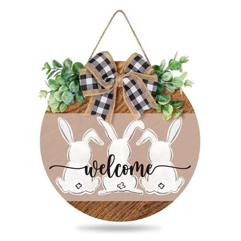 Happy Easter Wooden Hanging Sign Easter Colorful Eggs Bunny Sign Door