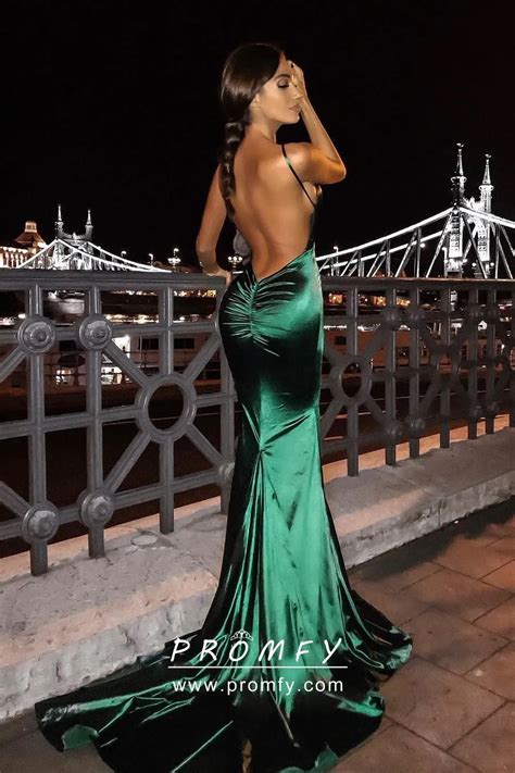 Sexy Low Back Emerald Green Satin Mermaid Evening Dress Promfy