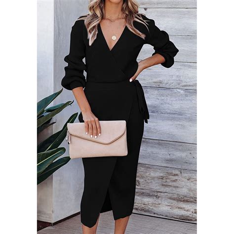 Black Xl Womens Long Dress Elegant V Neck Long Sleeve Pure Color Slit