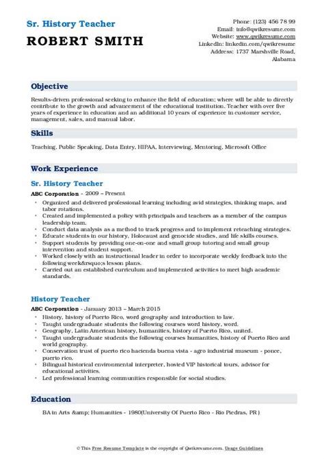 10 History Teacher Resume Samples And Templates For 2025