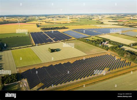 Aerial Panorama Panorama View Of Landscape And Solar Panels Stock Photo