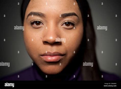 Studio Closeup Portrait Of 21 Year Old African American Woman Stock
