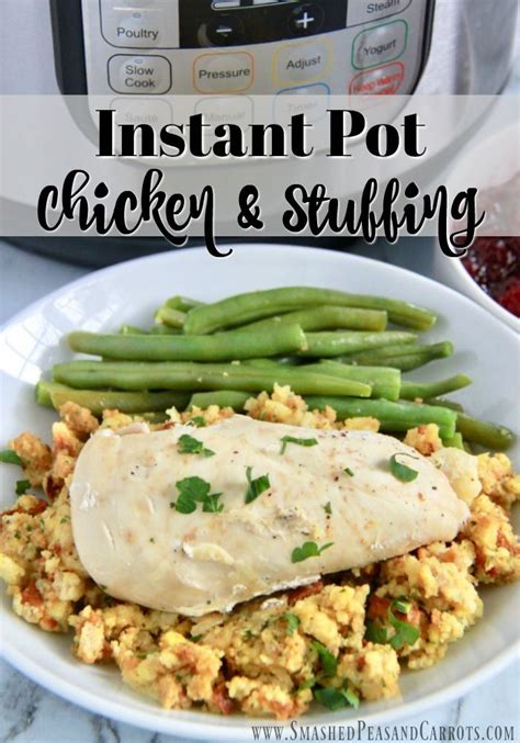 An Instant Pot Chicken And Stuffing On A Plate With Green Beans