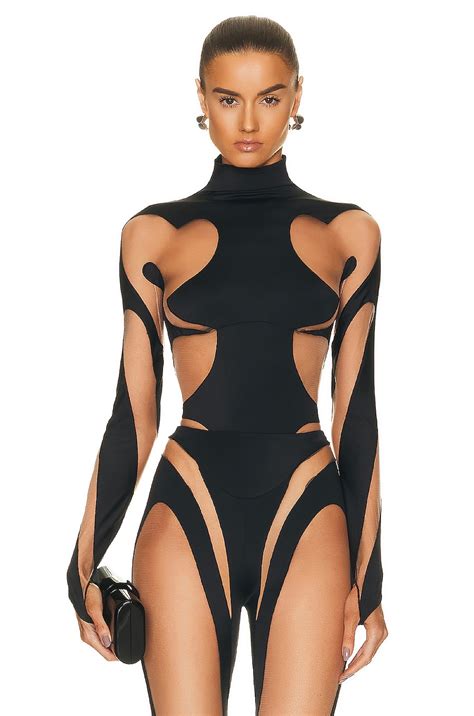 Mugler High Neck Long Sleeve Bodysuit In Black Nude 01 FWRD