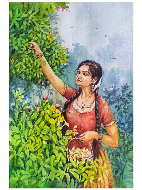 Village Woman Plucking Flowers Watercolor On Paper By Sarat Shaw