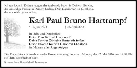 Traueranzeigen Von Karl Paul Bruno Hartrampf Abschied Nehmen De