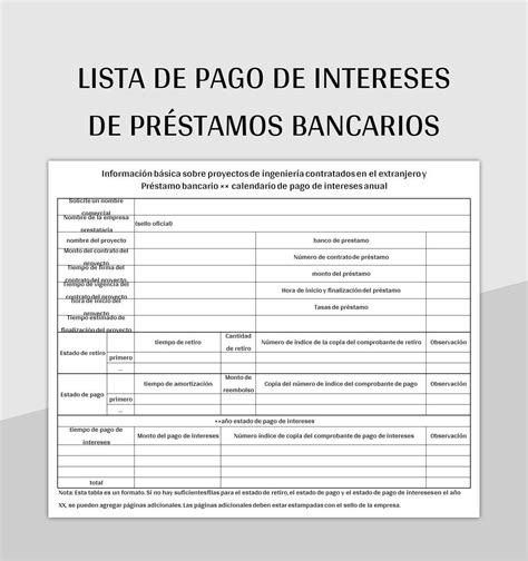 Plantilla de Excel Lista De Pago De Intereses De Préstamos Bancarios y