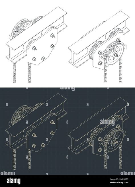 Stylized Vector Illustrations Of Isometric Blueprints Of Trolley Chain