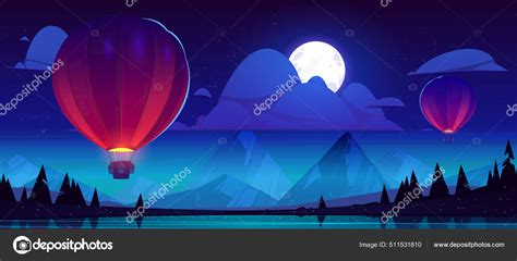 Hot Air Balloons Fly Over Mountain Lake At Night Stock Vector By